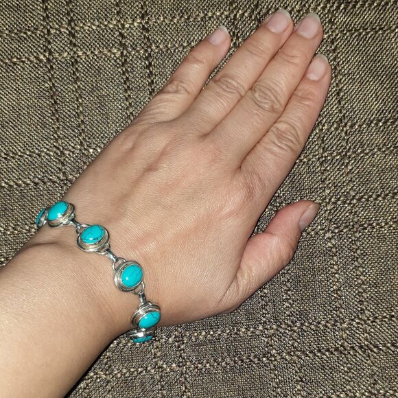 Vintage 925 Sterling Silver Genuine Black Vein Turquoise Cabochon Link Bracelet - Picture 13 of 13